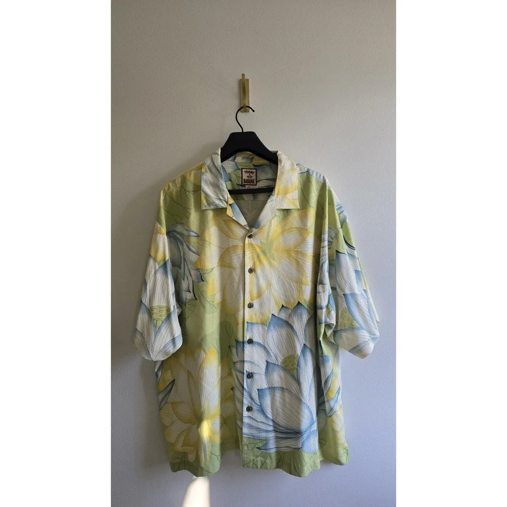 Tommy Bahama 100% Silk Hawaiian Shirt Mens XXL Green Floral Camp Collar Tropical